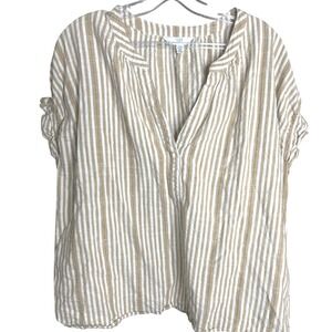 Time‎ and Tru xxxl (22)Tan White Striped V-Neck Linen Blend Blouse Plus Short